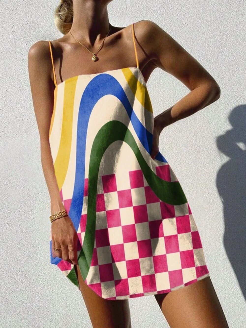 Multicolor Casual Women's Checkered Color Print Loose Strap Dress